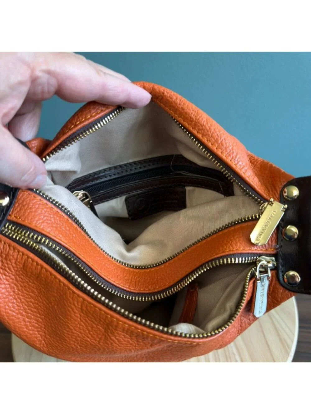 Valentina Italian Leather Shoulder Backpack Pebbled Orange Brown Many Pockets